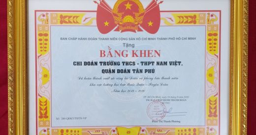 Đoàn trường THCS-THPT Nam Việt được nhận Bằng khen của Thành đoàn TP HCM về kết quả hoạt động phong trào năm học 2019-2020