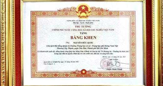 Bằng khen của Thủ Tướng Chính Phủ  khen tặng Thầy Nguyễn Đức Quốc - Chủ tịch Tập đoàn GDQT Nam Việt