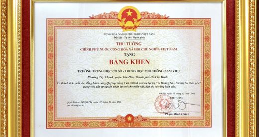 Bằng khen của Thủ Tướng Chính Phủ khen tặng trường THCS - THPT Nam Việt